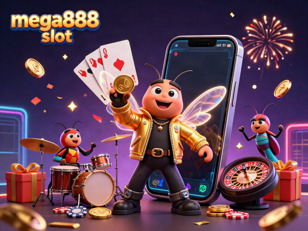 Engage with the mega888 slot experience through a dynamic 3D illustration depicting slot action and characters.