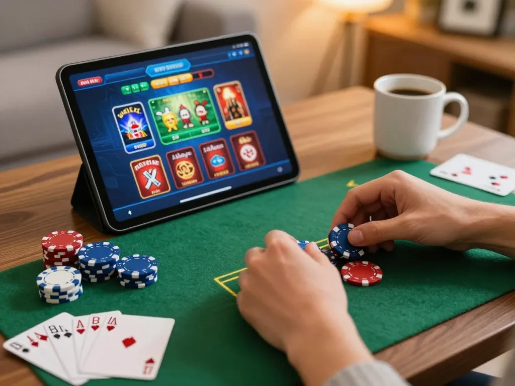 Tangan yang menarik perhatian meletakkan chip saat memainkan permainan kasino di aplikasi seluler, terhubung dengan pengalaman tenku-ichiba.