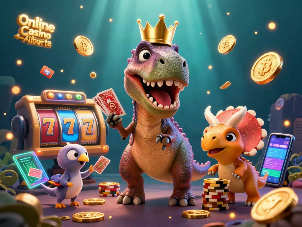 Engage in exciting Online Casino Alberta gameplay with a whimsical T-Rex card dealer and dinosaur companions.