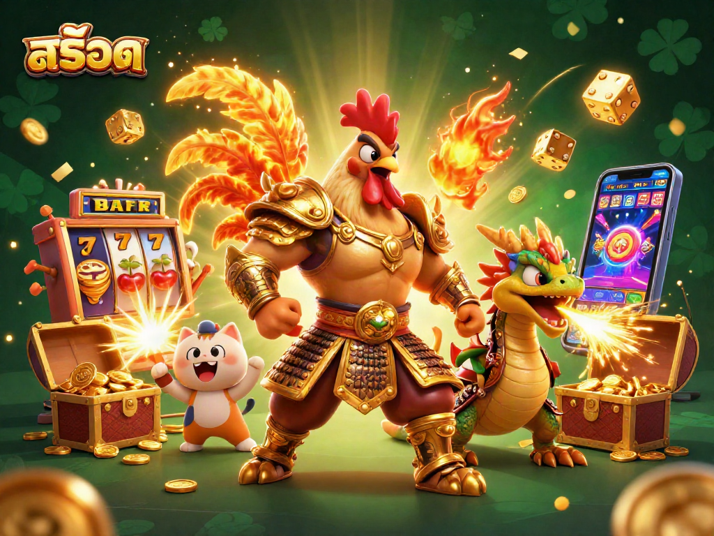Experience excitement with สล็อต alongside a cartoon rooster warrior, dragon hatchling, and vibrant casino elements.