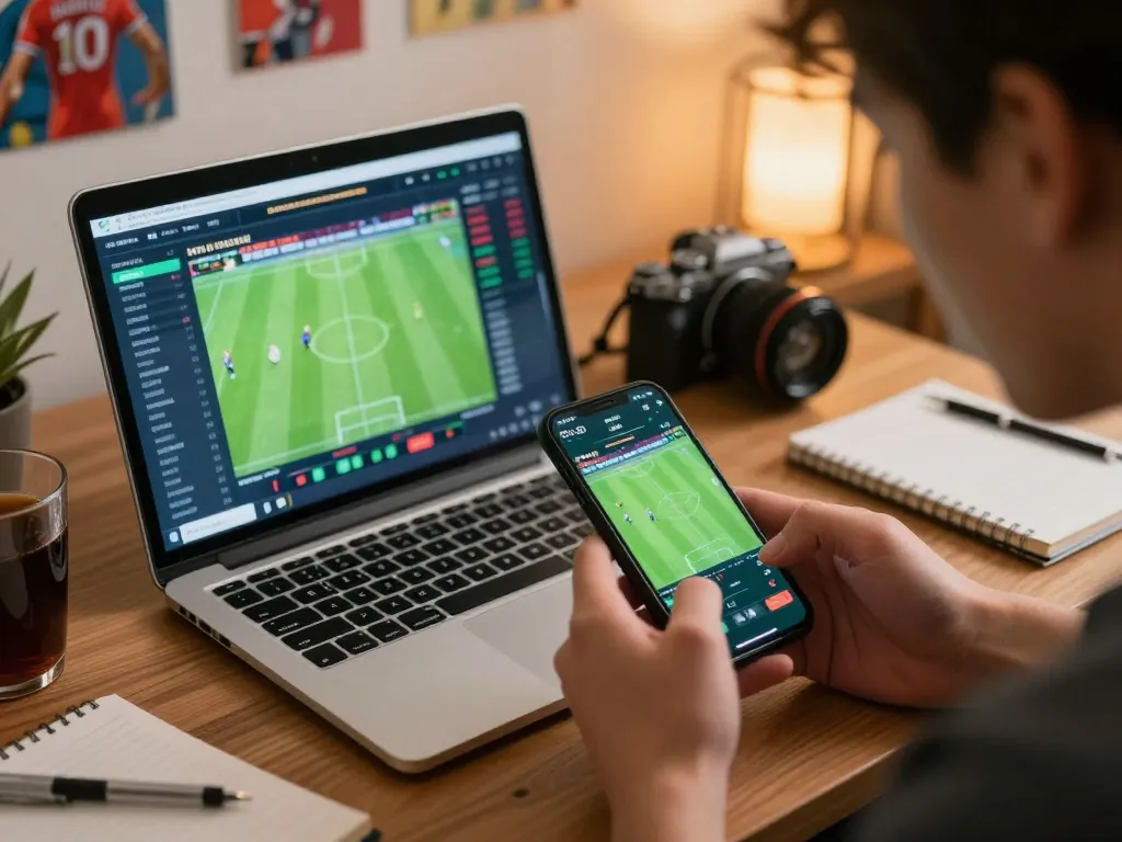 Engaging in sports betting using debet app on smartphone, displaying live odds and dynamic gameplay.