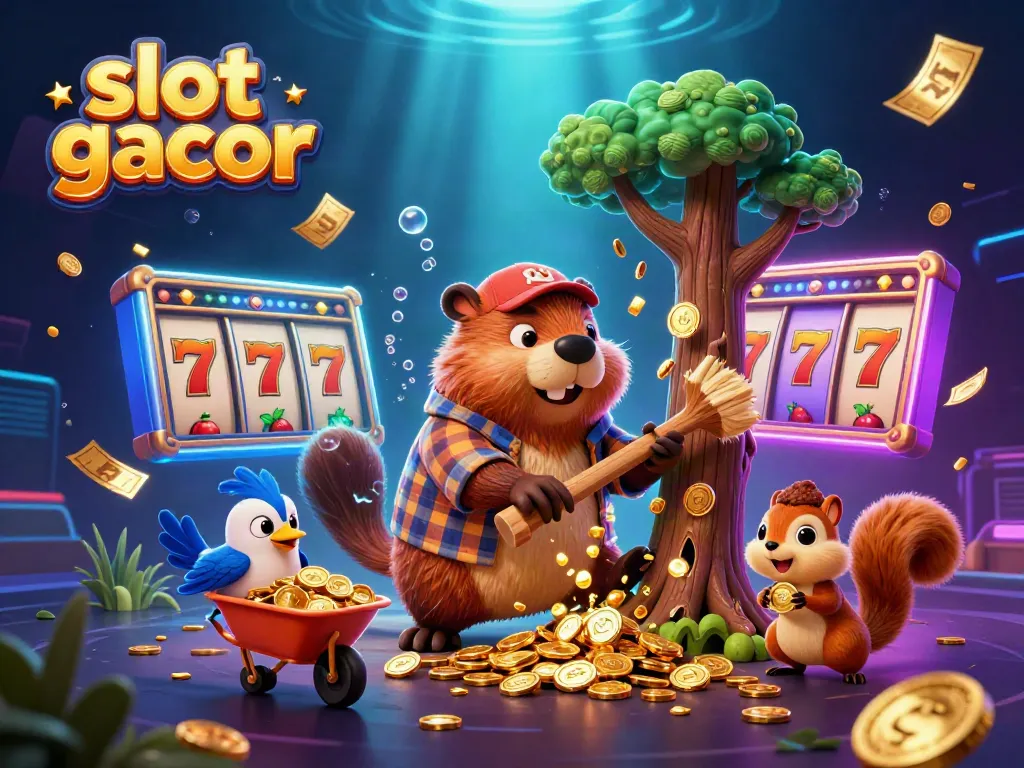 Engage with slot gacor in a lively casino cartoon featuring a beaver, bird, and squirrel amidst golden coins and vibrant game elements.