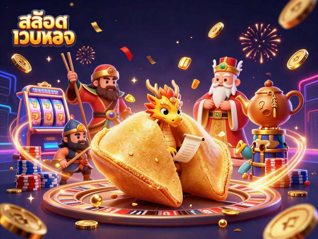Engage in arcade excitement with สล็อตเว็บตรง showcasing a colorful 3D scene of golden fortune cookie and dynamic gaming elements.