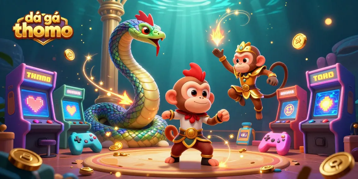 Experience high-stakes đá gà thomo matches surrounded by vibrant characters in a 3D illustrated arena.