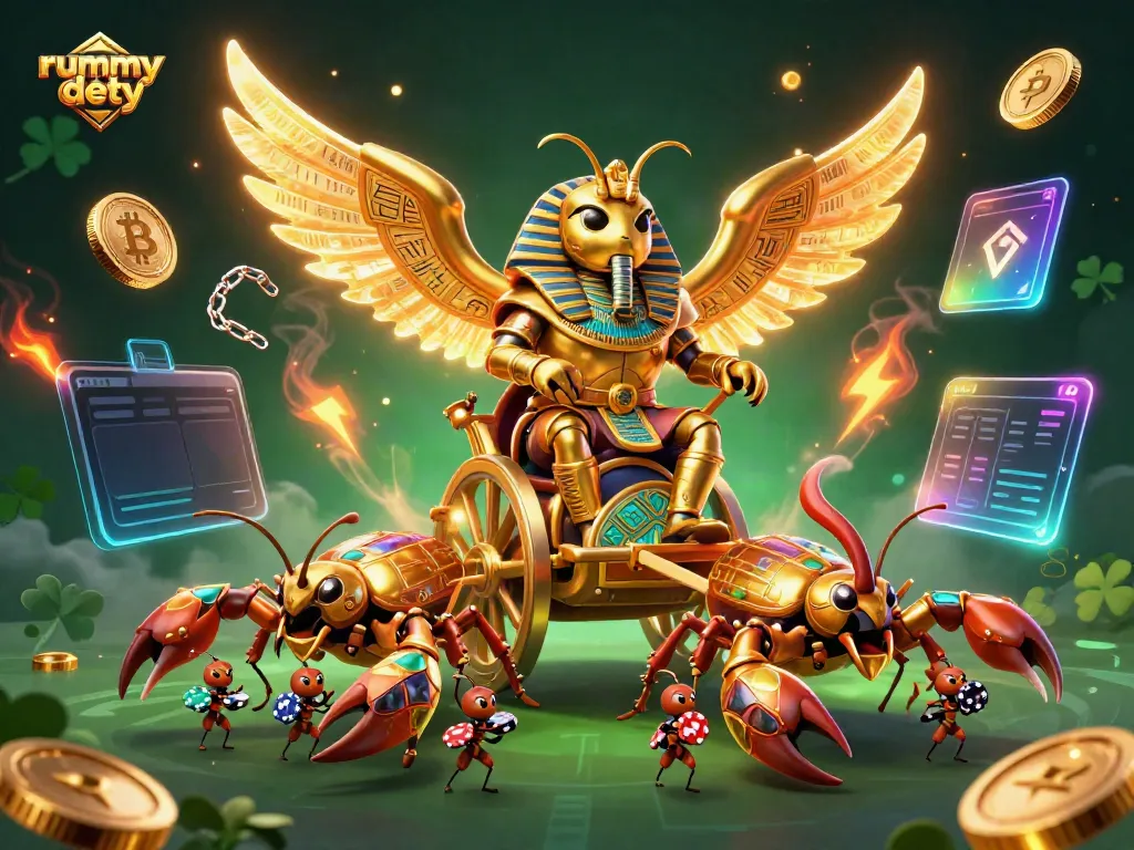 Permainan rummy deity dengan karakter menarik, chip poker, dan elemen neon.