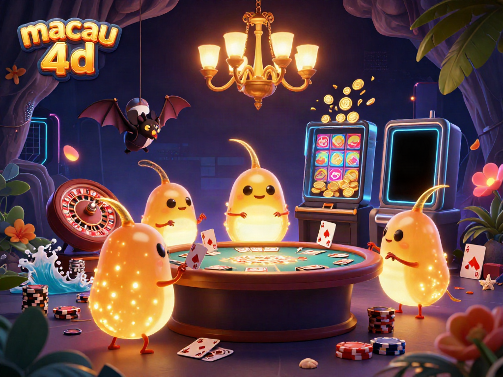 Gambarkan pengalaman meriah dari permainan macau 4d dengan cahaya sulap dan dealer khas dalam ilustrasi kasino.