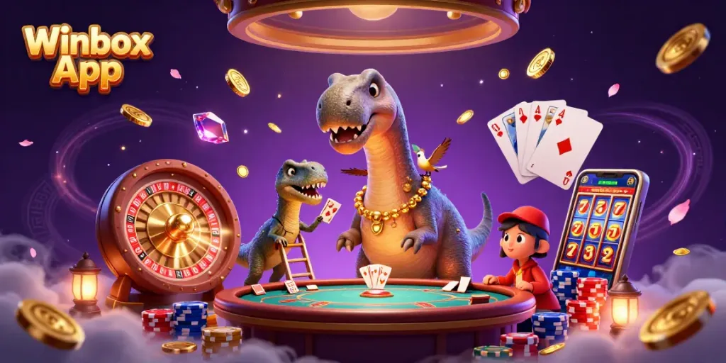 Engage in thrilling action with Winbox App, featuring a playful brontosaurus and clever raptor amidst casino glamour.