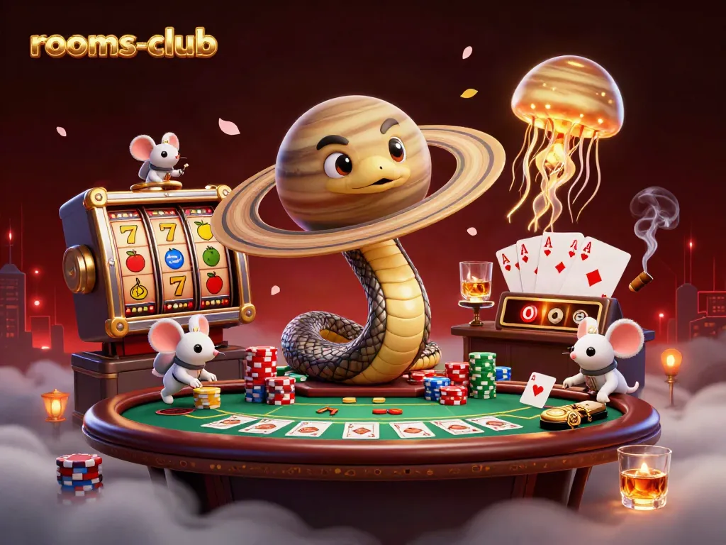 Menangkan permainan di rooms-club dengan slot dan simbol keberuntungan ditemani ular planet Saturnus sebagai dealer