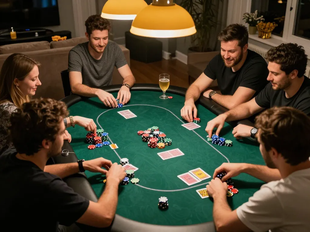Players enjoying a lively poker night at home, showcasing action at the table with chips and cards, highlighting 789bet gaming