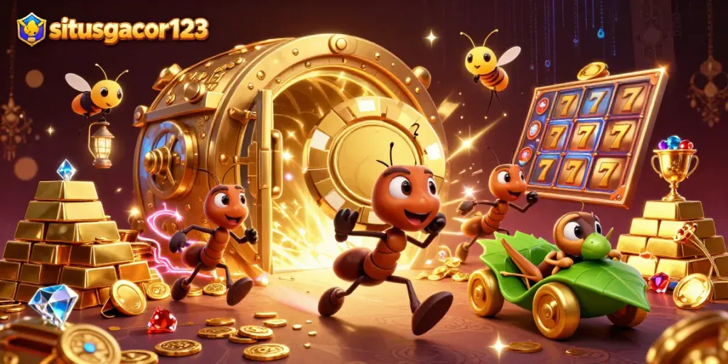 In situsgacor123, the ant team carries a giant poker chip while a firefly lookout guides them through shiny treasures