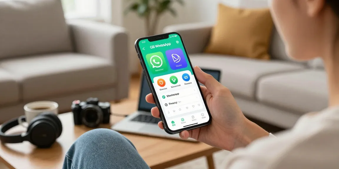 Engaged user exploring GB WhatsApp features on a smartphone in a cozy home setting