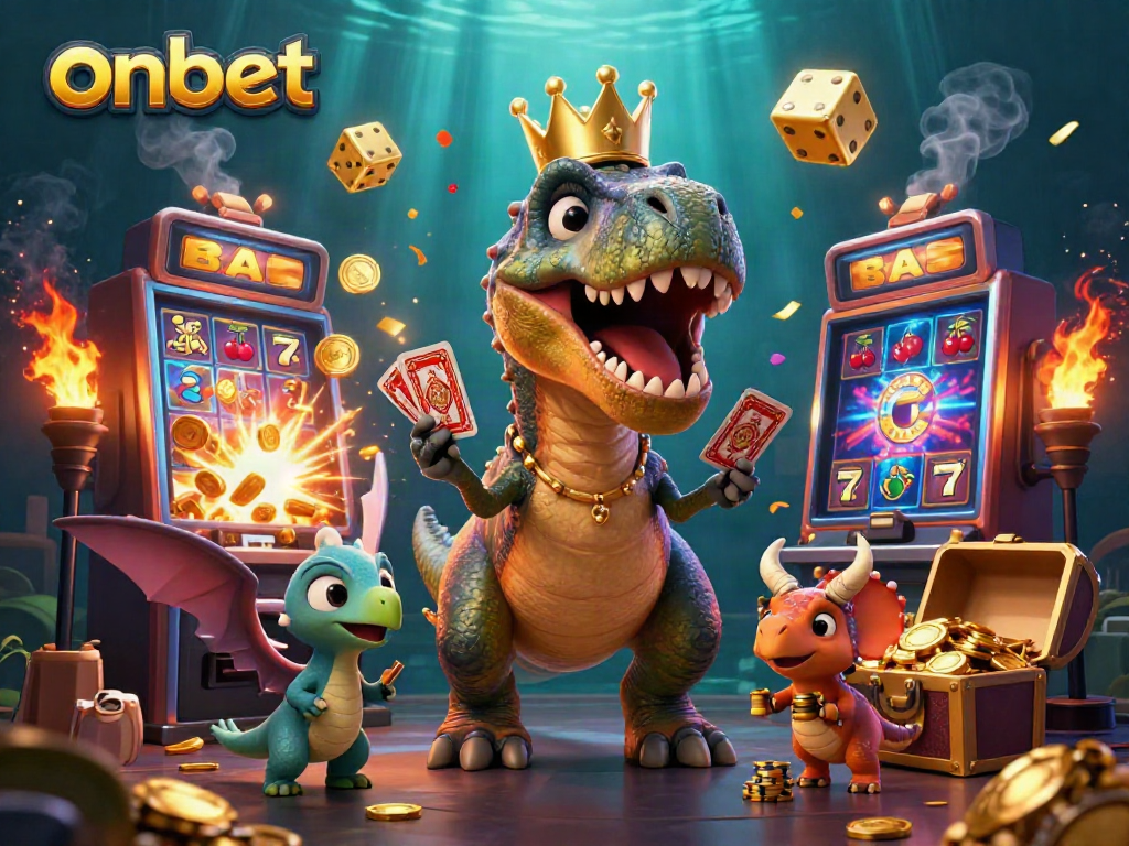 Experience thrilling games at ONBET with a T-Rex shuffling cards and a slot machine bursting with coins.