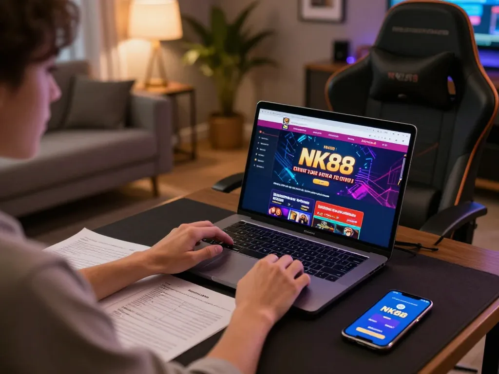 NK88 online gaming experience with strategic note-taking for effective casino gameplay in a cozy home setup.