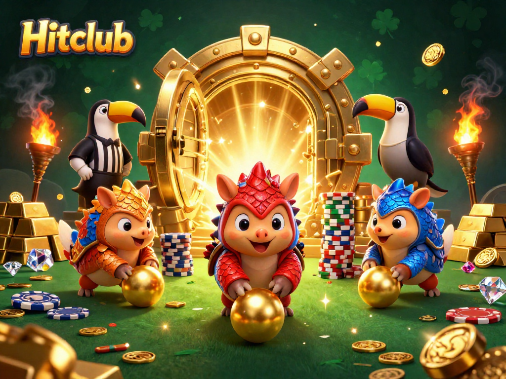 Experience the dynamic action of Hitclub as rival pangolins roll through poker chips in a dazzling casino scene.