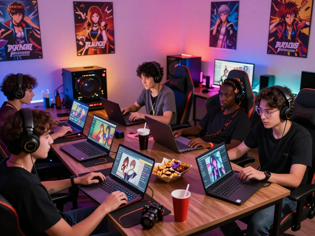 A group of gamers enjoying popular sex games in a cozy, vibrant setup.