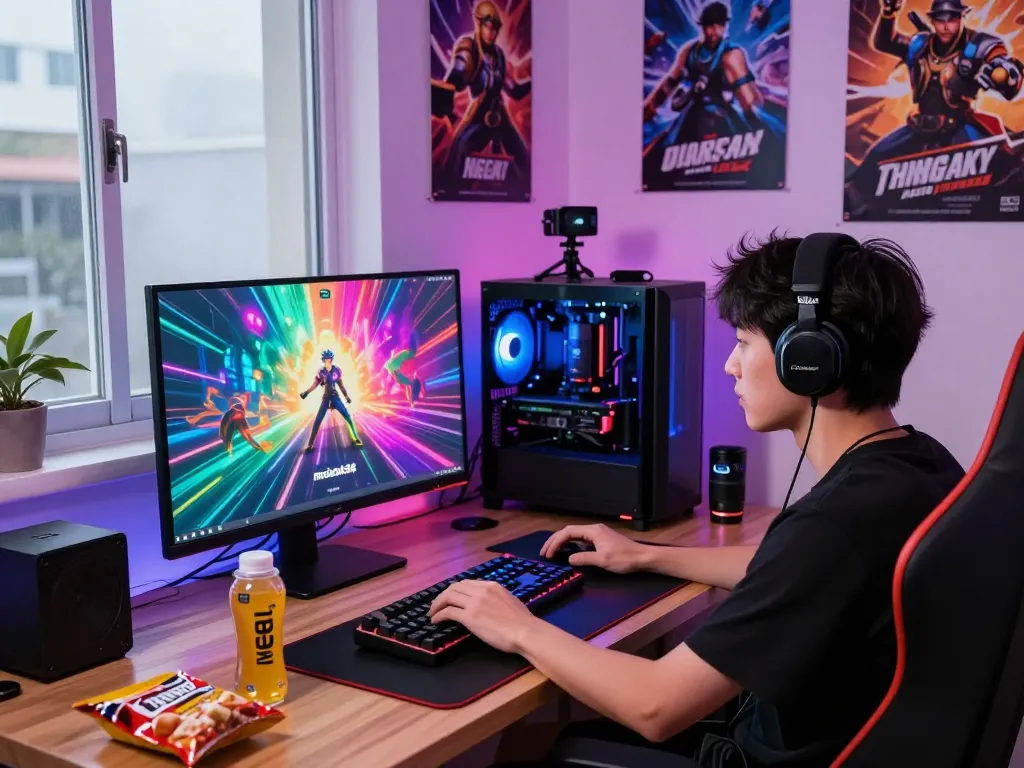Immersive gaming setup featuring meledak88 on screen, vibrant lighting, and gaming peripherals.
