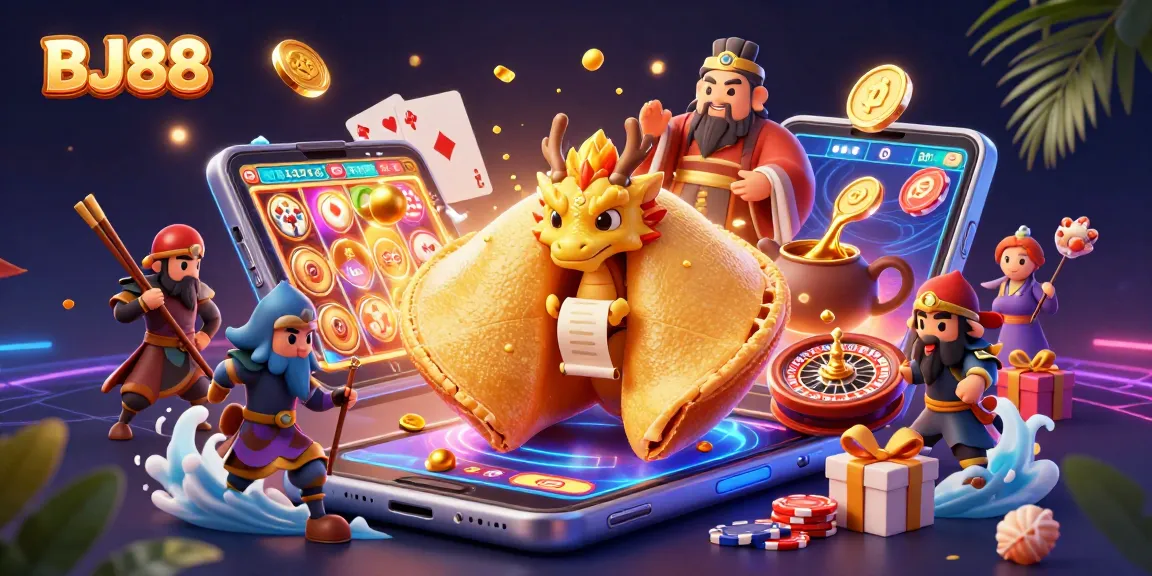 Engage in thrilling gameplay at BJ88 with a vibrant casino scene featuring 3D characters and energetic elements.