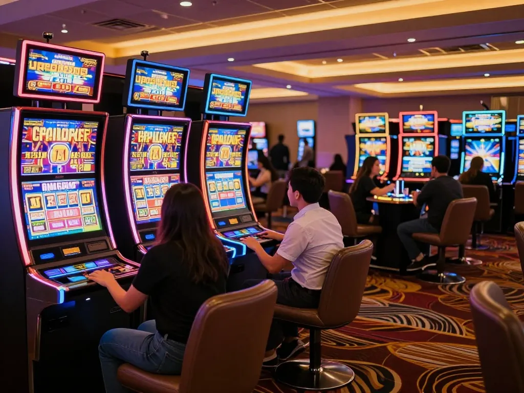 Exciting scene of players enjoying slot 5k machines, celebrating wins in a lively casino atmosphere.
