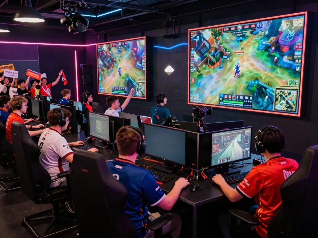 Exciting esports arena showcasing gamers competing with a80 energy, vibrant atmosphere.