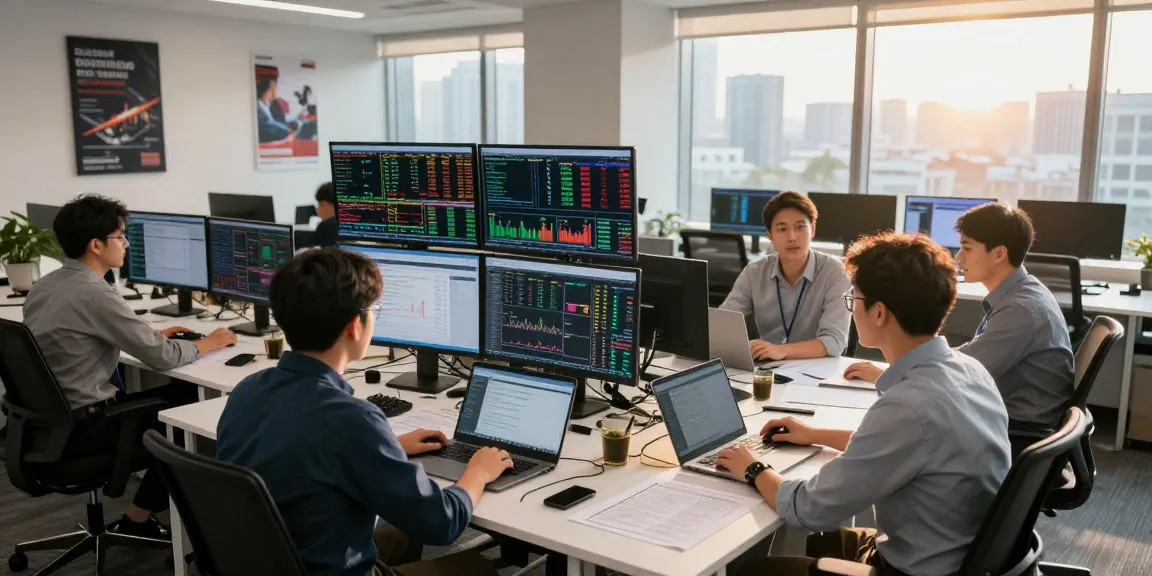 Aktivitas perdagangan yang sibuk di kantor modern dengan trader dan analis, fokus pada strategi kakakjudi.