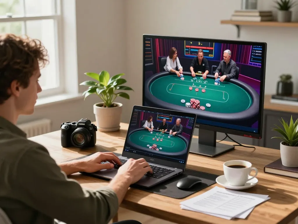 Rikvip player engaging in strategic online poker session at home.