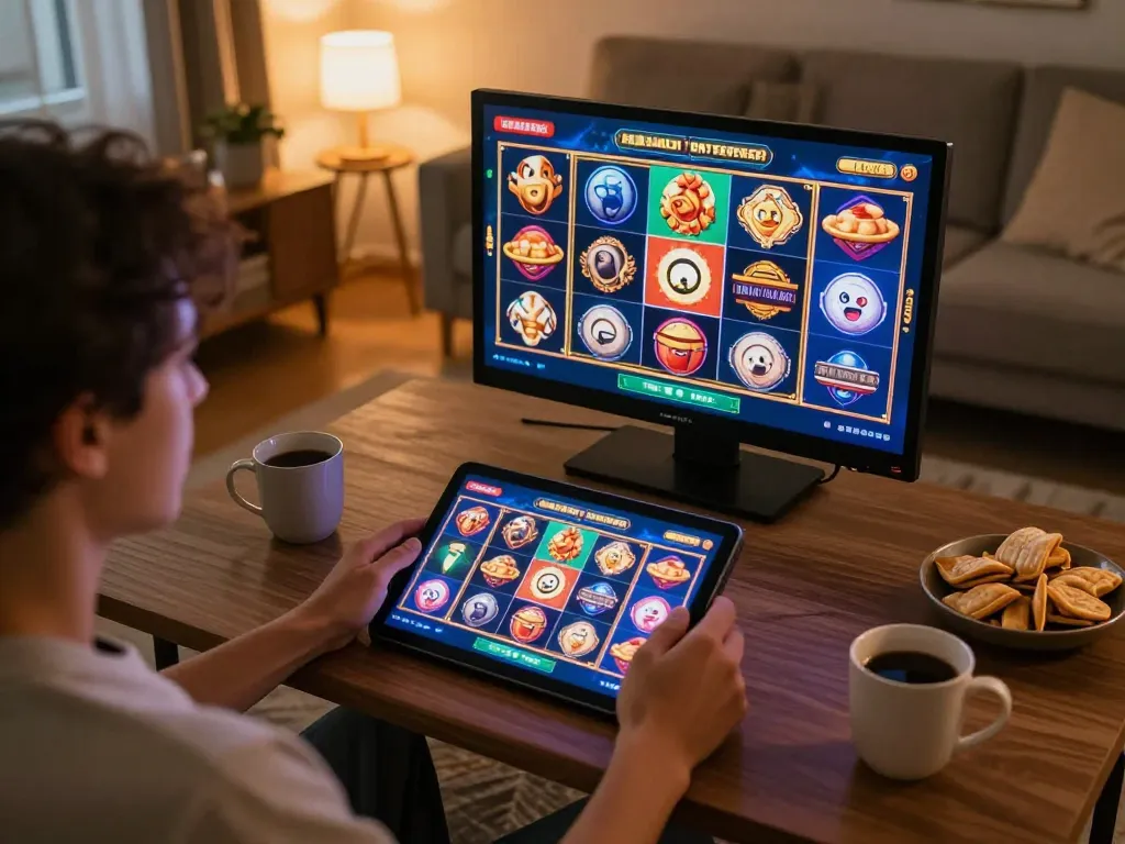 Engaging in a slot gacor game on a tablet in a cozy living room with snacks