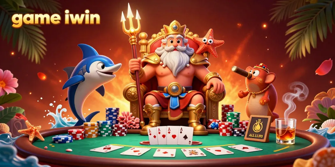 Play the exciting game iwin with vibrant characters and dynamic poker elements in this colorful illustration.