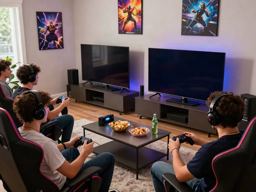 Exciting gaming session featuring players surrounding the TV, engaging with akunjp titles.