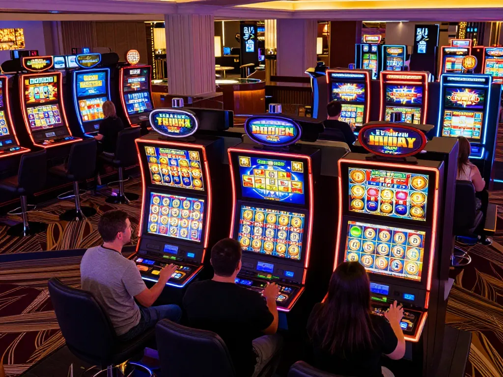 Players enjoying their time at colorful slot machines in a lively casino.