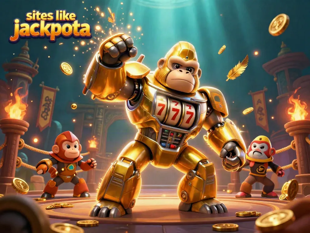 Engage with sites like jackpota through this vibrant 3D scene showcasing a golden gorilla mech amidst gold coins and dramatic effects.