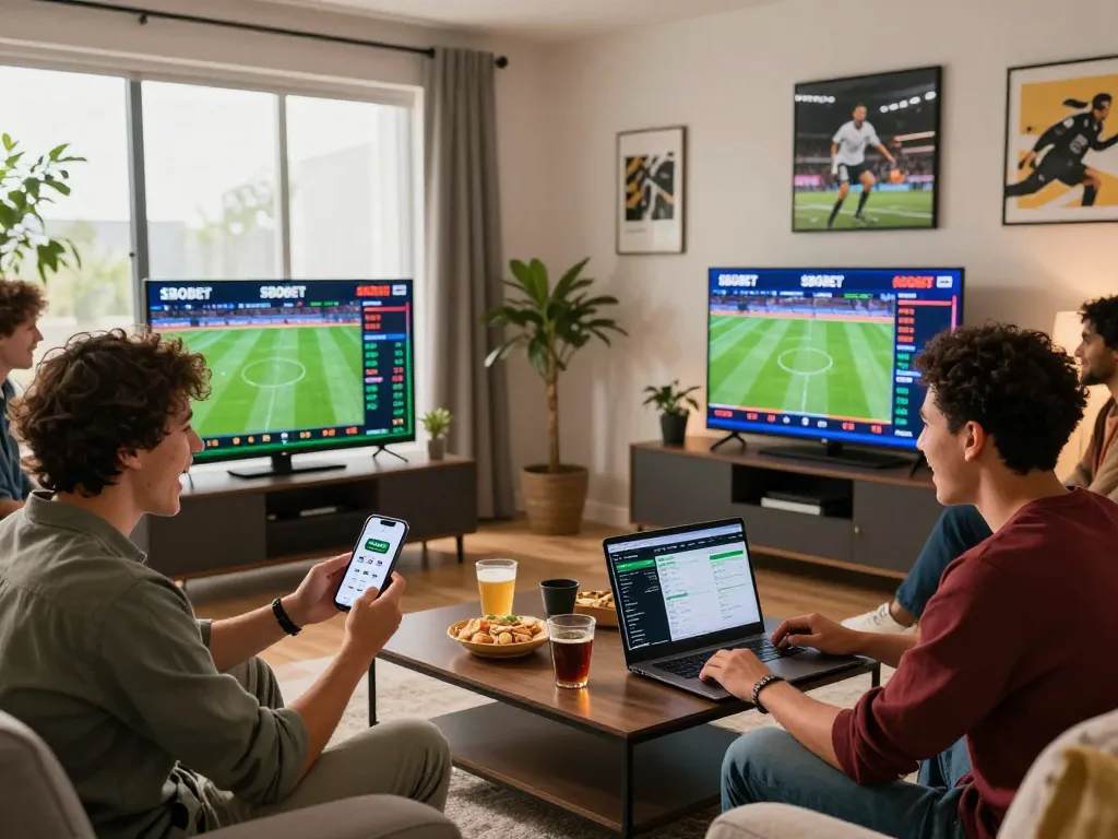 Exciting SBOBET sports betting scene with friends enjoying live games in a modern living room.