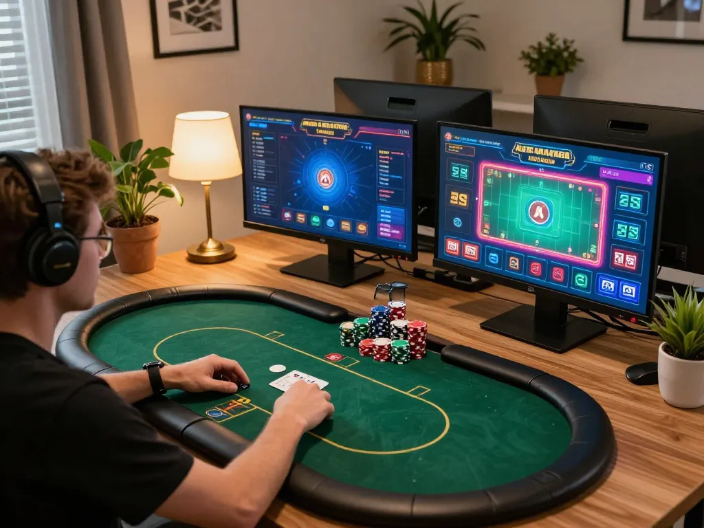cm88 gaming at home during high-stakes poker session, showcasing multiple screens and vibrant game interfaces