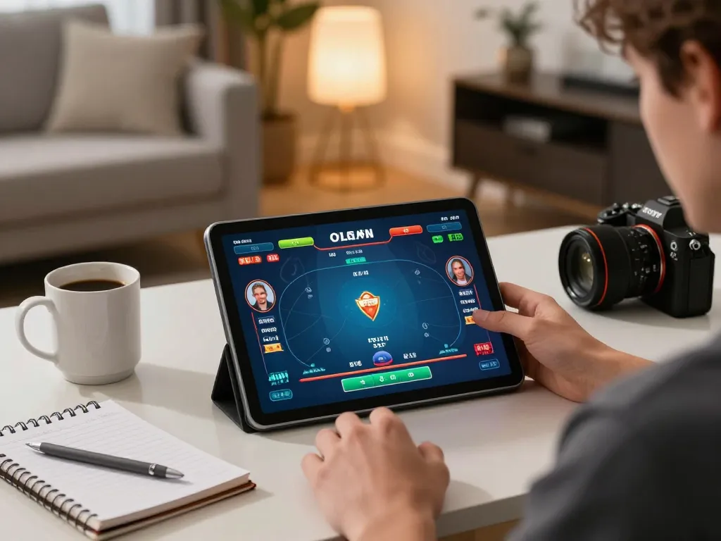 Player engaging in online gambling at home using ho88, showcasing poker gameplay on tablet.