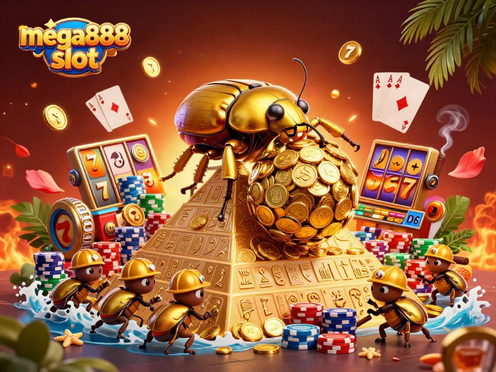 Engage in mega888 slot with dynamic visuals of golden beetles and vibrant gaming elements!