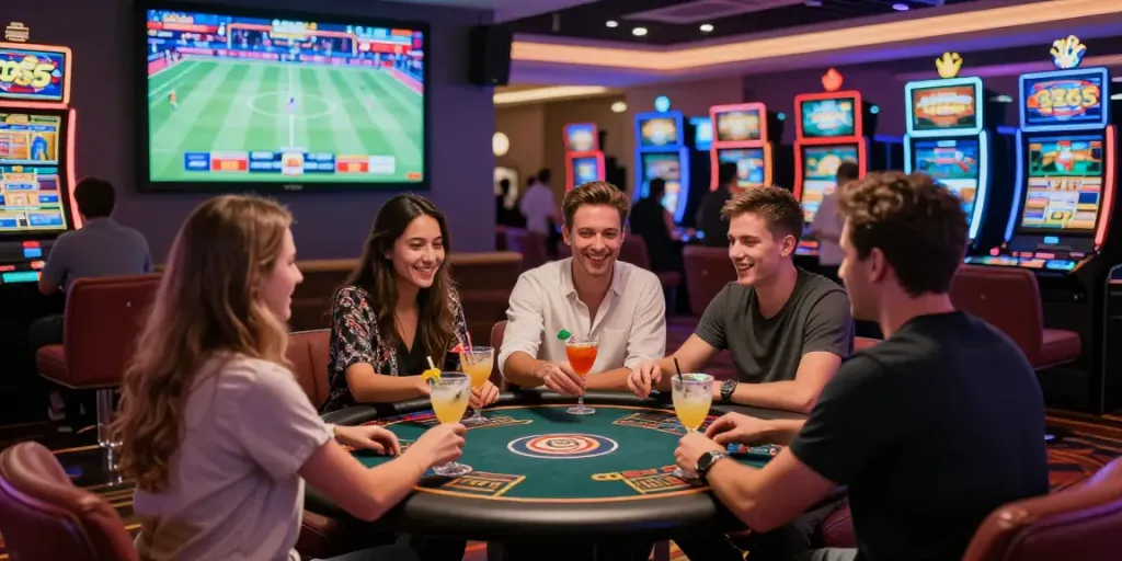 Exciting group enjoying live betting at lotus365 casino scene with vibrant atmosphere.