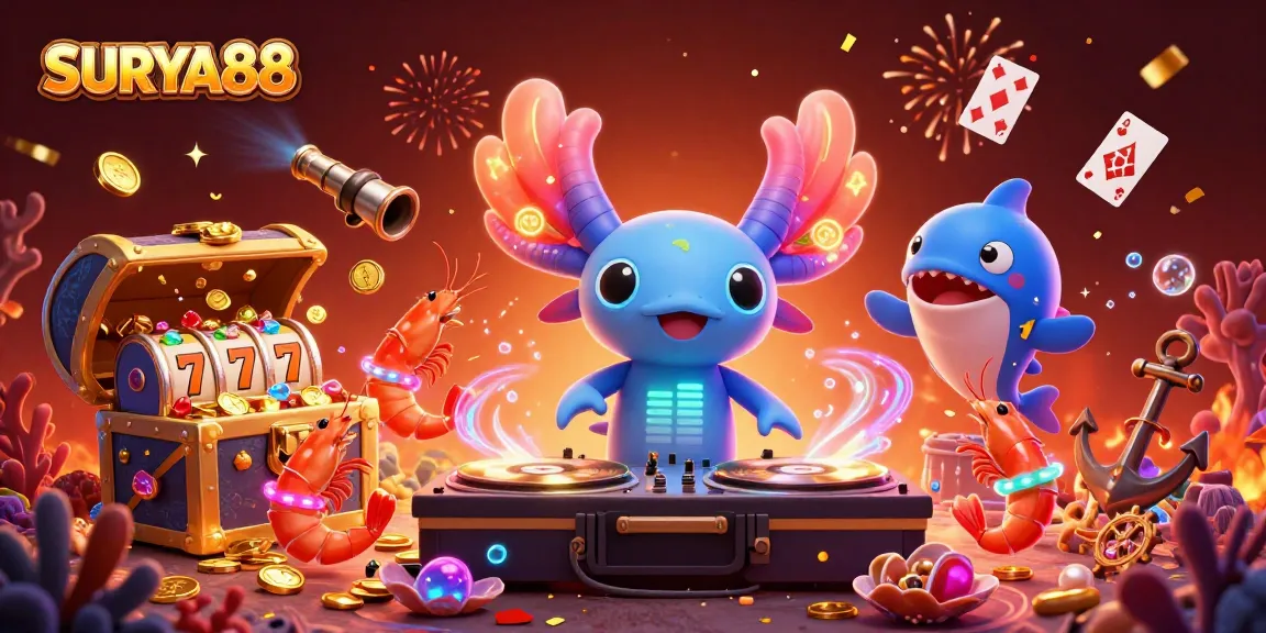 SURYA88 offers a lively underwater casino experience with vibrant characters and rich casino elements.
