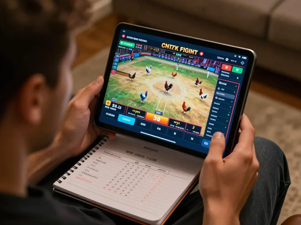 Engaging online cockfight with intense focus on đá gà trực tiếp thomo betting options displayed on tablet screen.
