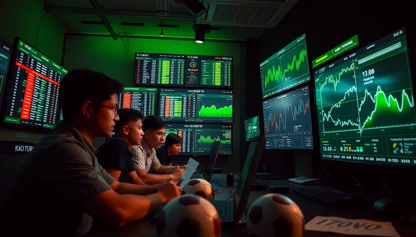 Kèo nhà cái sports betting excitement with live odds and enthusiastic participants analyzing data.
