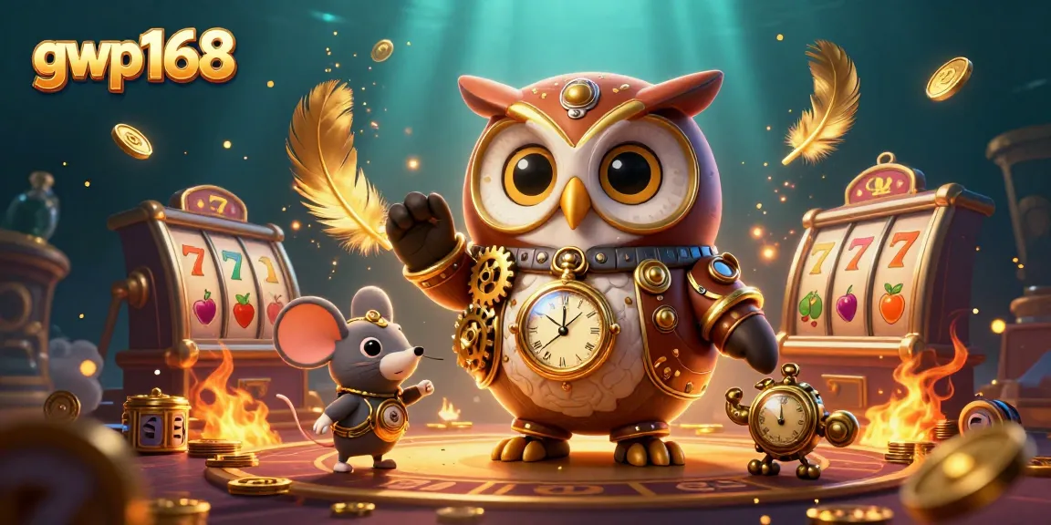 Gambarkan permainan menarik di gwp168 dengan burung hantu waktu dan mouse di kasino bertema steampunk.