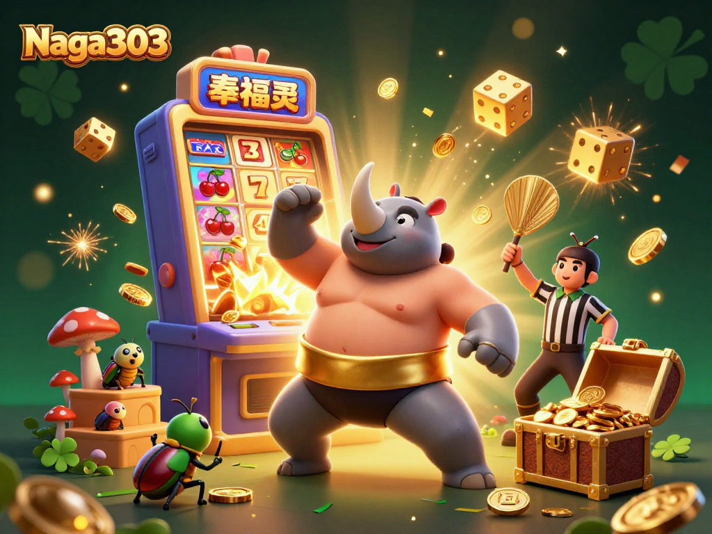 Naga303 menghadirkan ilustrasi aksi seru dengan juara sumo kumbang rhinoceros dan mesin slot meledak koin emas.