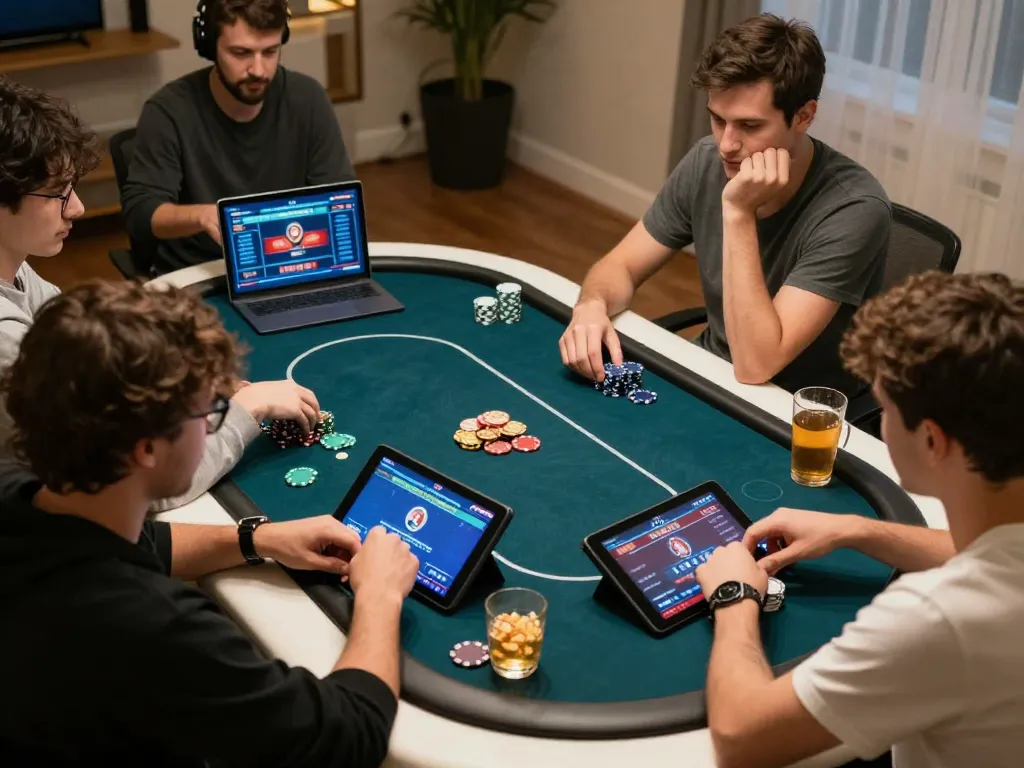 Players enjoying a thrilling tr88 poker game online, engaged in strategic betting and gameplay at home.