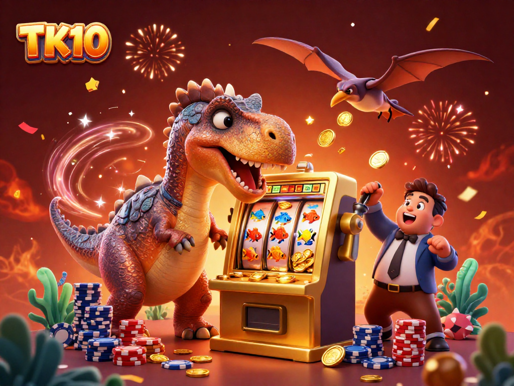 TK10 casino scene with a dinosaur headbutting a slot machine, capturing flying jackpot coins and excitement.