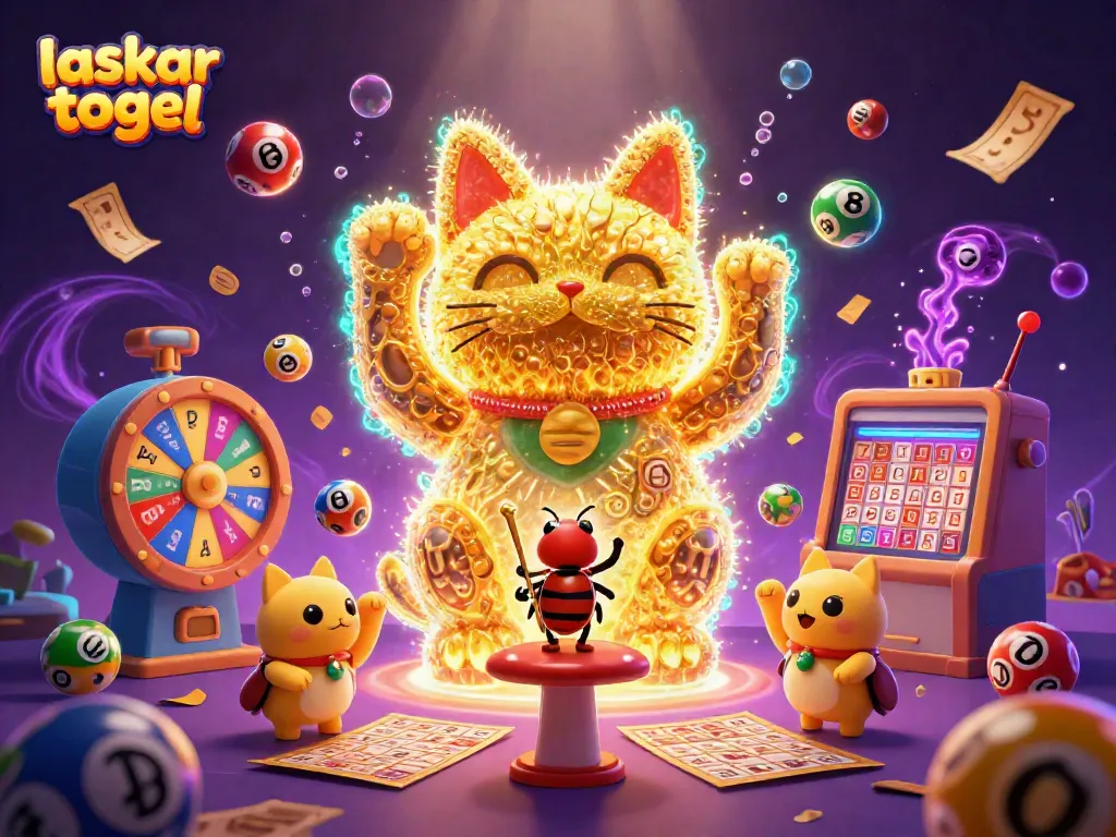 Experience the excitement of laskar togel with a vibrant illustration of a lucky cat amidst dynamic casino elements.