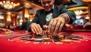 Engage in a Casino roulette game with vibrant chips and a professional dealer.