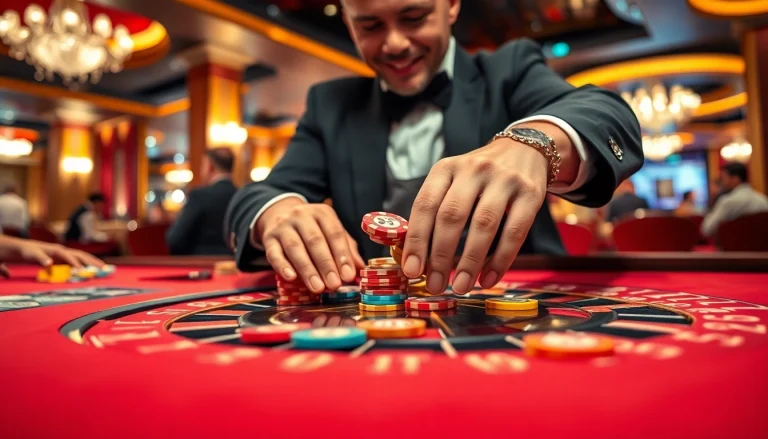 Engage in a Casino roulette game with vibrant chips and a professional dealer.