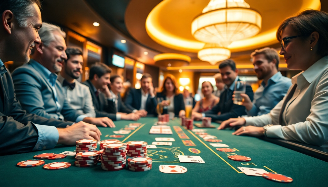 Engaged players enjoying a thrilling game at a lively Blackjack Casino table.