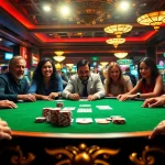 Engaged players participating in an intense poker game at a vibrant casino setting.