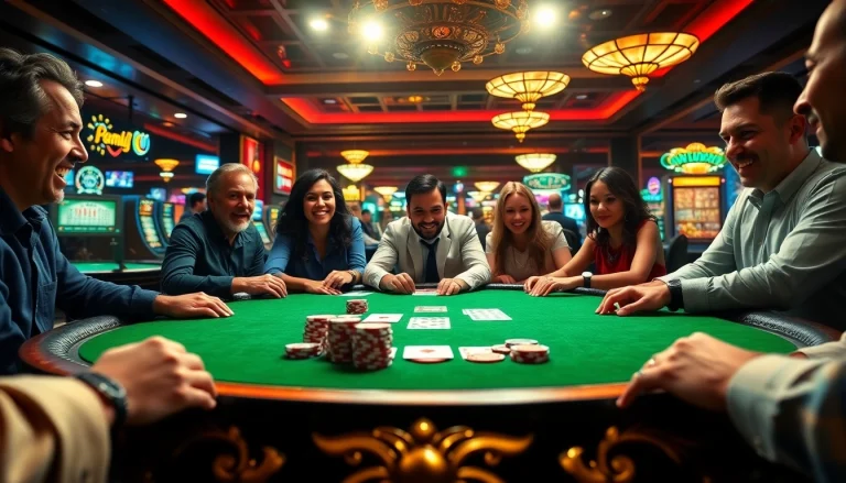 Engaged players participating in an intense poker game at a vibrant casino setting.