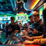 Engage with online betting action depicting excited bettors and digital interfaces in a vibrant casino.