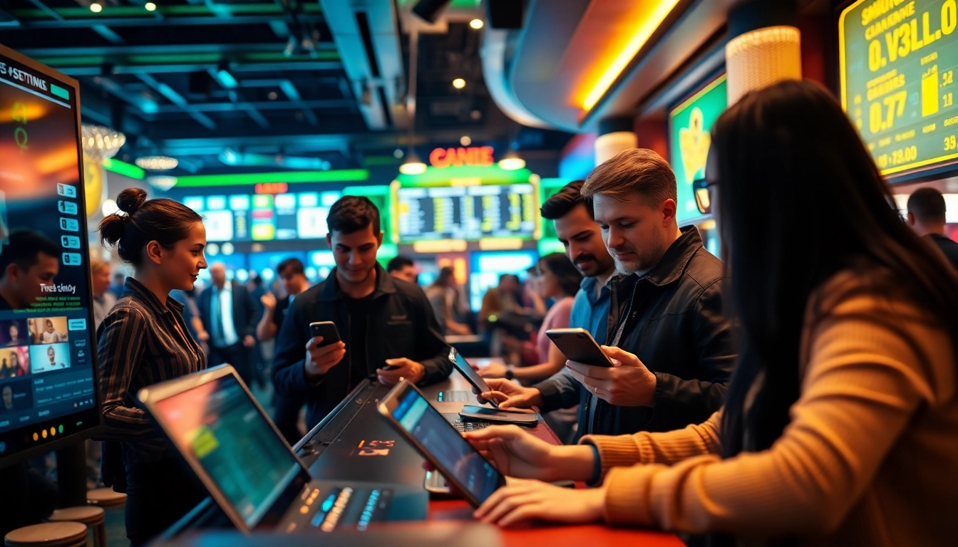 Engage with online betting action depicting excited bettors and digital interfaces in a vibrant casino.